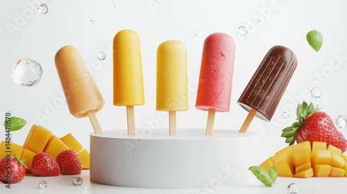 A photorealistic ad displays kulfi, mango-strawberry, and chocolate crackle ice cream sticks, arranged on a white background podium. 