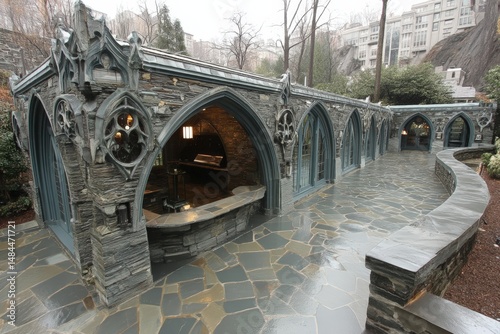 Gothic-style stone building with pointed arches, intricate carvings, and a slate walkway, set in a wooded, urban environment.