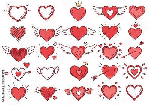 Collection of various heart doodles isolated on white background