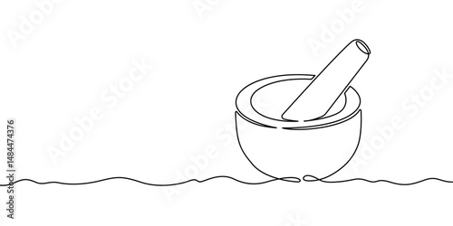 Continuous one line drawing medical mortar. Mortar and pestle for preparing medicines. One continuous line isolated minimal illustration.Not AI.