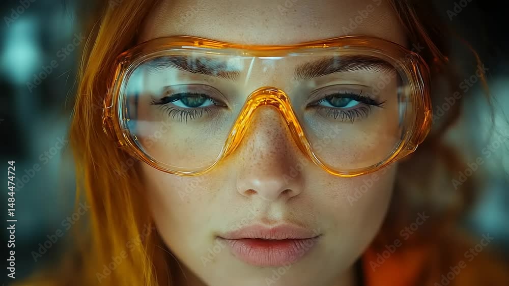 Close-up of a woman with orange safety glasses.  Woman, safety glasses, focused,  intense,  eyes,  orange,  freckles,  serious,  red hair, close up