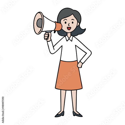 A confident woman holds a loudspeaker, amplifying her voice to rally, inspire, or spread an important message with passion and determination.
