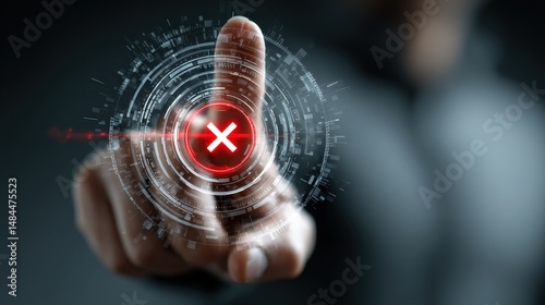 Decisive Rejection: A hand extends towards the viewer, finger poised on a red 