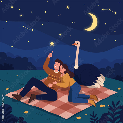 Couple Stargazing with Ostrich Under Night Sky Illustration
