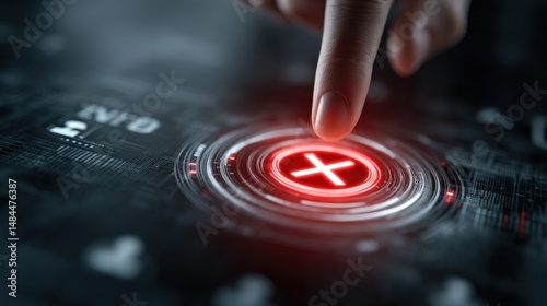 Decisive Action: A finger hovers above a glowing red button, poised to press the cross symbol, conveying a sense of urgency and decisive action within a futuristic, technological context.