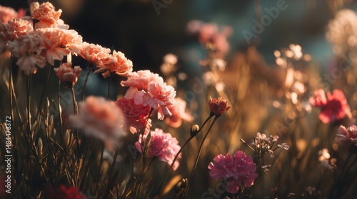 Close-up of Pink and Peach Flowers in Soft Golden Hour Light, Capturing Natural Beauty and Tranquility : Generative AI
