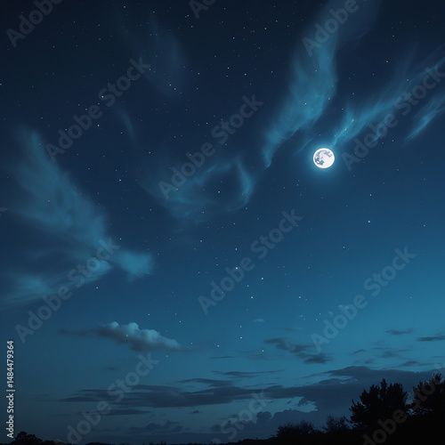 Serene Night Sky with Full Moon, Stars, Wispy Clouds & Silhouetted Landscape – Tranquil Night Scene