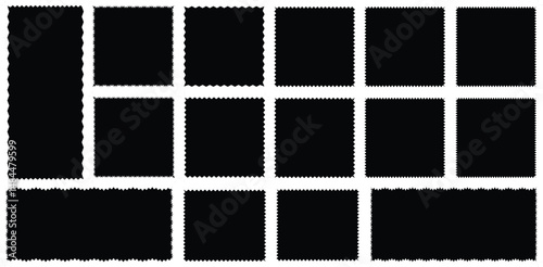Black silhouette scalloped frames. Geometric shapes stickers with zigzag wavy edge. Set of frames with zigzag edge 