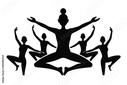 Yoga Flash Mob Silhouette Vector   Group Wellness and Urban Meditation Illustration