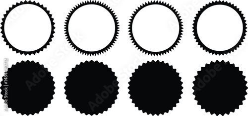 Sunburst sticker shapes, Rounded starburst Zig zag Wavy Edge Line Circle Shapes Set. Vector Outline Jagged Geometric Round Forms.Stamp, Promo Design and Social Media, vector illustration.