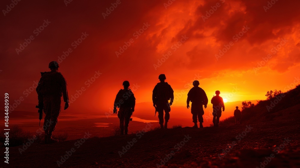 Fototapeta premium Silhouette of Soldiers Walking Uphill Against a Fiery Sunset Sky Depicting Military Service Duty and Remembrance Honoring Veterans and Sacrifice : Generative AI