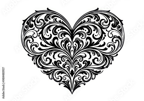 Ornate heart shape floral design isolated on white background