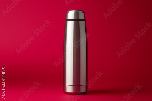 Silver thermos on a red background