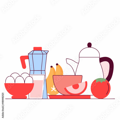 Breakfast Table Illustration: A vibrant and colorful illustration of a breakfast table, showcasing a teapot, coffee maker, eggs, fruit, and a glass of juice, creating a cheerful and inviting scene. 