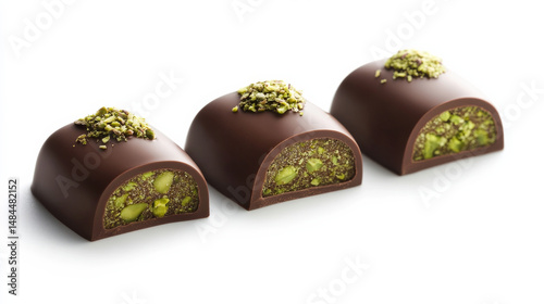 Dubai chocolate with pistachio paste and kunefe filling is presented as a luxurious milk chocolate bar. 