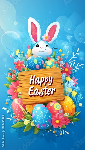 a Happy Easter greeting card with eggs bunny ears and flowers on a blue background The illustration is designed for greeting cards banners or posters