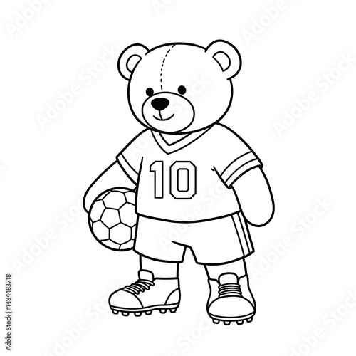 Cartoon bear holding soccer ball in sports uniform for coloring  
