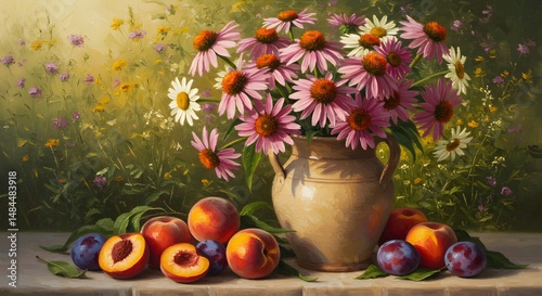 Wallpaper Mural Summer Still Life: Peaches, Plums, and Echinacea in a Rustic Vase Torontodigital.ca
