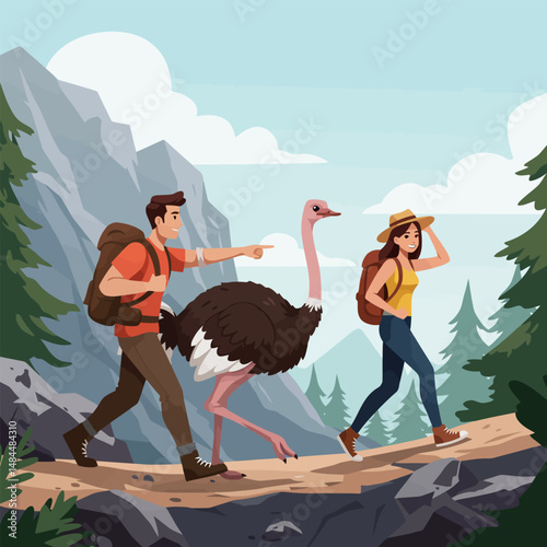 Hiking Couple and Ostrich on Mountain Trail Adventure Cartoon