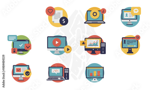  Flat Design Computer and Technology Icon Set, A vibrant set of flat design icons representing various computer and technology concepts, including data, communication, and user interfaces, in a clean 