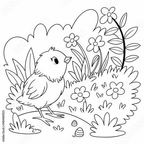 Newly hatched Easter chicken in the garden coloring page
