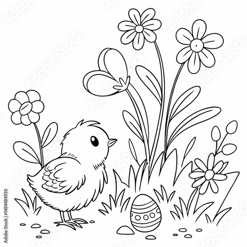 Newly hatched Easter chicken in the garden coloring page
