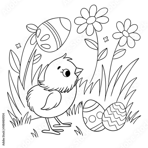 Newly hatched Easter chicken in the garden coloring page