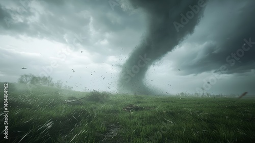 Dramatic tornado forming under dark clouds.