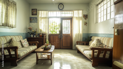 Indoor shot of a modest but inviting Filipino living room in a class C housing development, decorated with a mother's personal touch and showing the front door to the right.