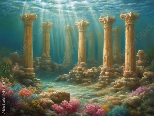 Underwater Ruins with Coral Reef and Sun Rays
