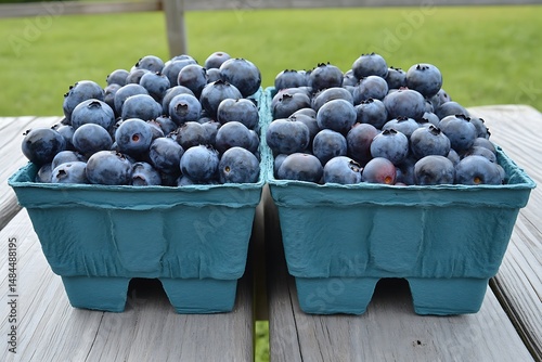 Freshly picked blueberries in containers photo