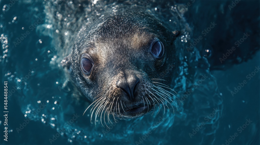 Fototapeta premium Close-up Portrait of a Curious Seal Looking Up From the Water Surface, Capturing the Essence of Wildlife Encounter and Marine Life Conservation Efforts : Generative AI