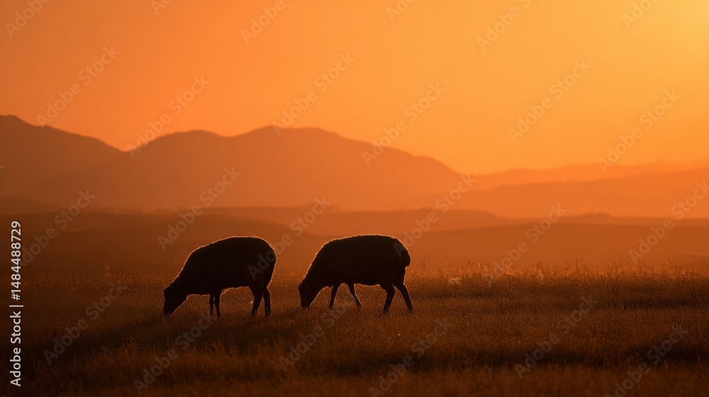Fototapeta premium Two Sheep Grazing in a Field at Sunset With Mountain Backdrop, Representing Rural Tranquility and Sustainable Agriculture : Generative AI