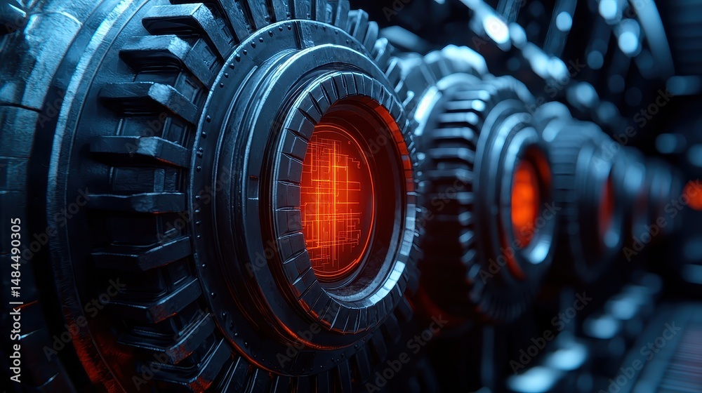 Fototapeta premium Futuristic Industrial Mechanism with Glowing Red Circles and Metallic Gears in a Sci-Fi Environment