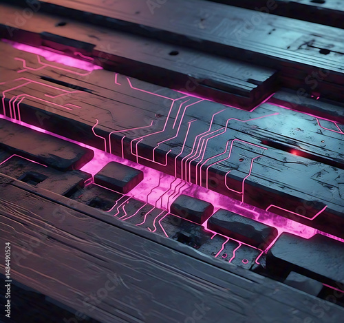 Abstract Dark Metallic Surface with Glowing Pink Circuit Board Pattern