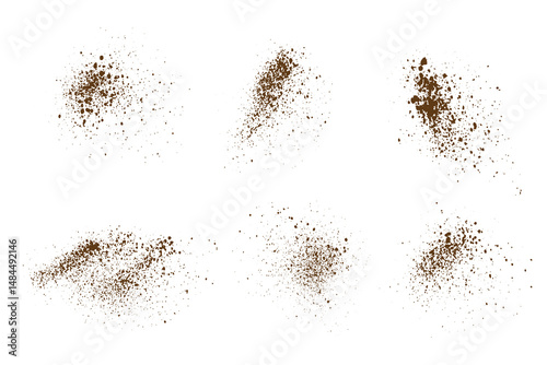Coffee set of grain texture isolated cinnamon or flying cocoa chocolate powder isolated vector realistic splash background collection