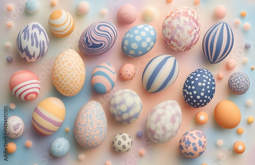 Easter eggs in various patterns and designs arranged on a pastel background