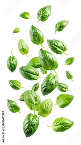 fresh flying basil leaves isolated on transparent white background, clipping path