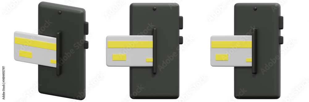 Set of Gray Smartphone with Yellow Credit Card Inserting 3d Render Icon Illustration Set of Gray Smartphone with Yellow Credit Card Inserting 3d Render Icon Illustration