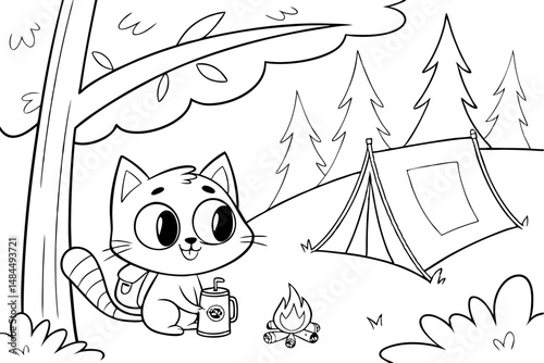 The cute cat is enjoying a camping trip coloring page