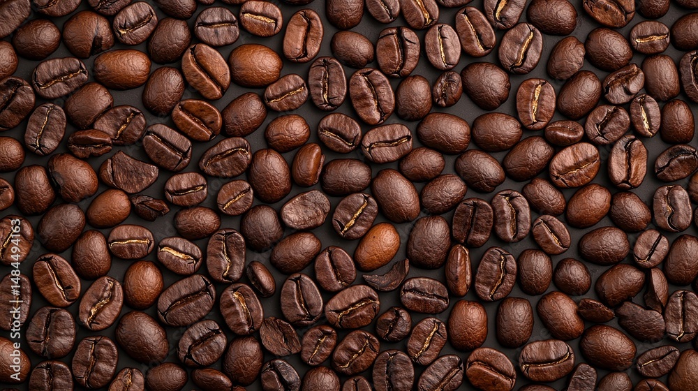 Obraz premium Freshly Roasted Coffee Beans Spread Out on Dark Background for Cooking and Beverage Inspiration