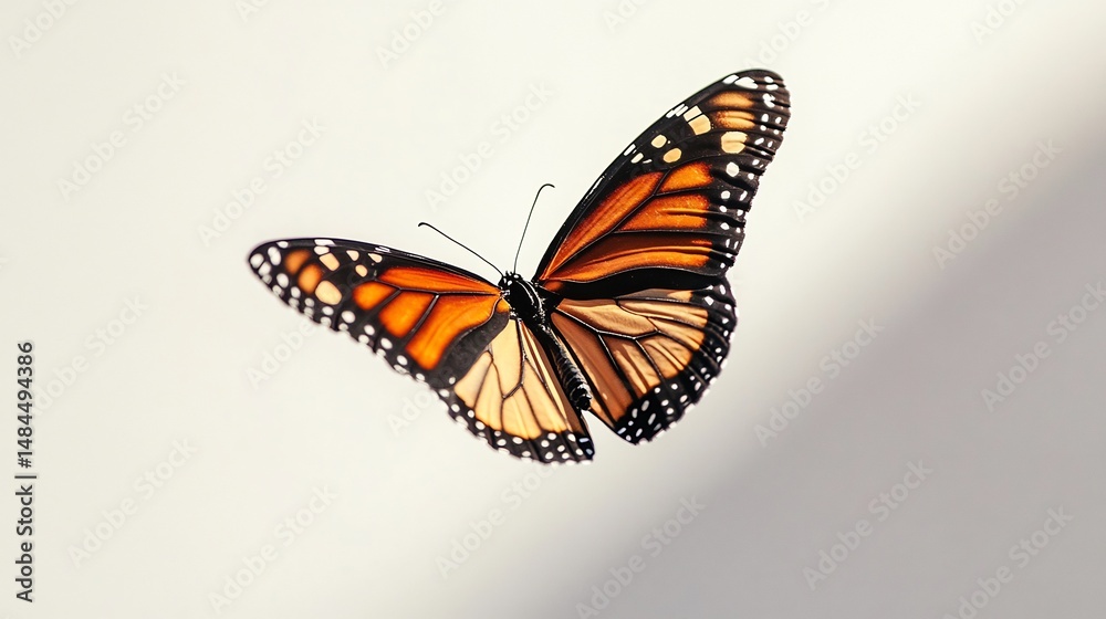 Fototapeta premium Monarch butterfly floating mid air soft shadows creating depth elegant wing structure detailed beautifully on a seamless white backdrop overlay cut out on isolated transparent removed background