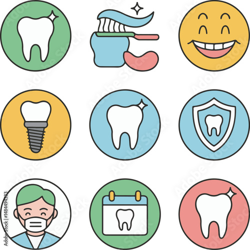 This dental icon set features tooth, teeth, and dentist symbols for vector illustrations related to dental care, health, and stomatology design