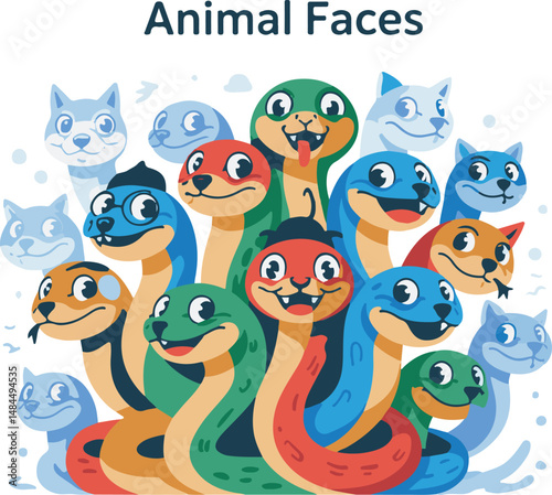 This vector illustration features a funny set of cartoon snake animals and monsters, a colorful collection of cute and comic characters perfect for children