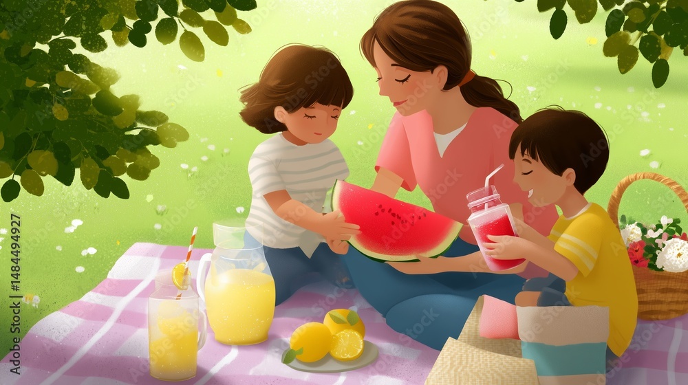 Enjoying a sunny picnic with watermelon and drinks in a beautiful park with children and a vibrant atmosphere