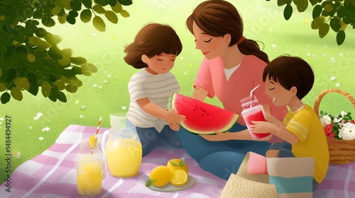Obraz na płótnie Enjoying a sunny picnic with watermelon and drinks in a beautiful park with children and a vibrant atmosphere w salonie