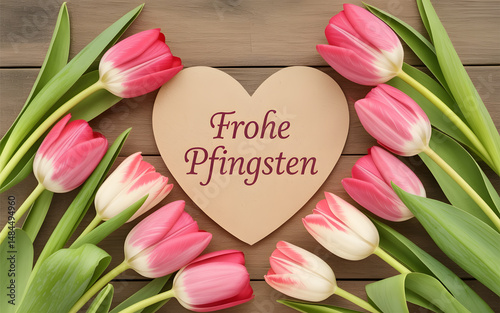 Beautiful pink tulips and a heart-shaped card with german text wishing a happy pentecost holiday celebration