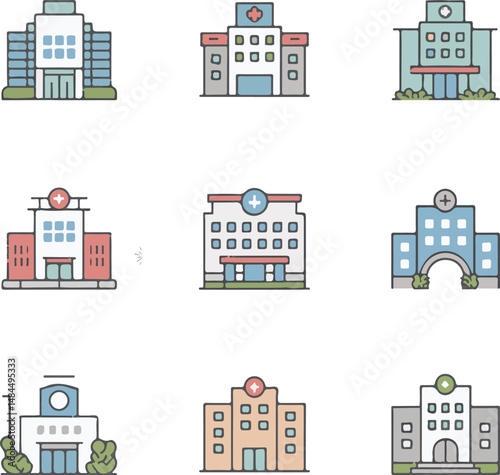 A vector set features urban architecture with house and building icons, depicting a city or town with apartment symbols and roof designs in a cartoon illustration collection