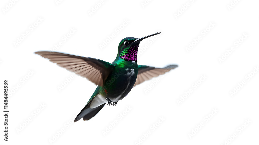 Fototapeta premium Jewel-Toned Hummingbird Hovering – Futuristic Studio Shot on Clean White (Generative AI)
