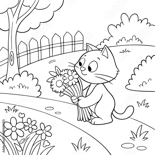 The cute cat is picking flowers in the garden coloring page